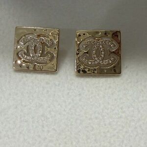 CHANEL Gold-Tone Square CC Crystal Stud Earrings